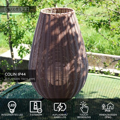 Lucide COLIN IP44 - wiederaufladbare Tischlampe Innen/Außen - Akku/Batterie - LED 3 StepDim - 1x3W 3000K - IP44 - Natürlich